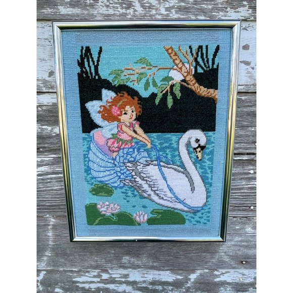 Vintage 1980s Finished Needlepoint picture Fairy Nymph Riding a Swan - Picture 12 of 15